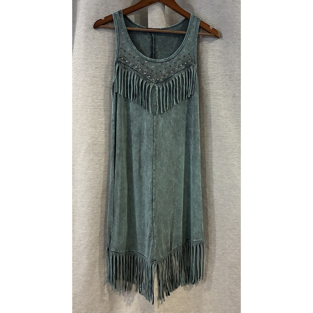 T-Party Western Cowgirl Dress Fringed Studded Size Small Stone Wash Teal‎